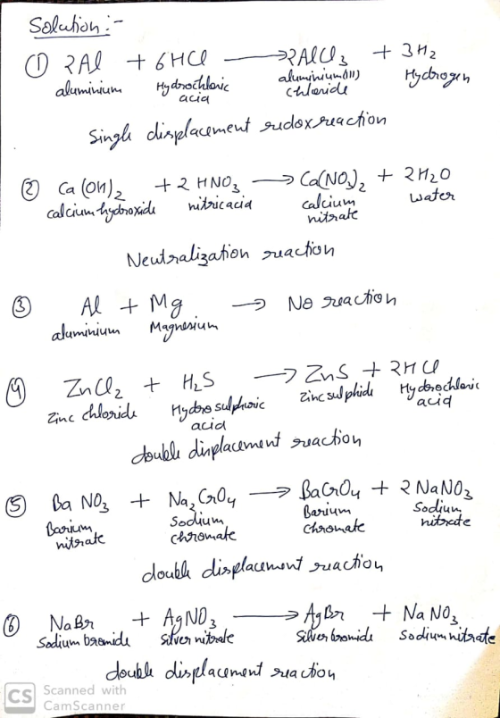 Solution :- 0 RAI + 6HCl AlCl3 + 3H2 - aluminium Hydrogen aluminium Hyarochloric acia chloride Single displacement redox reac