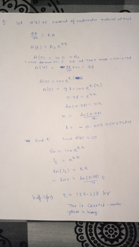 oll let Alt) be amount of sadivactive material at timet da - KA dt kt A (t) = Ao el = A Coo (since decouse 21 ) A(4) o 98 x10