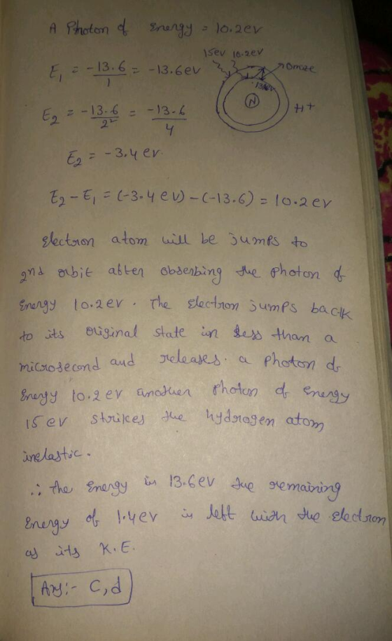 nome 13 A Photon of Energy = 10.2er isev 10.2ev £, --13.6 = -13.6ev Ez = -13 6 = -13-6 E = -3.4er HT E2 - E = (-3.4 CV) - (-1