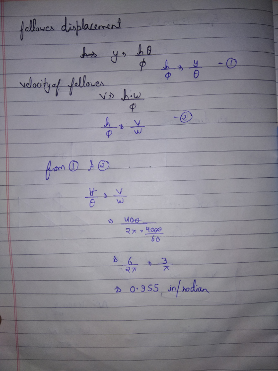 follower displacement A yo ho velocity of follower TO VD how . from do & noo 27 & 4000 60 & 0.955 in/radian