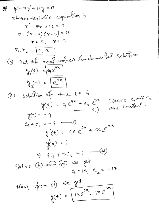 is y - ty +124 Characteristic teriitie equation 7?_77 +12=0 5 (r-99 (4-3) 20 G pa 3 8,82= 4K e 3k e 34 Gear tez e g(t) = G 24