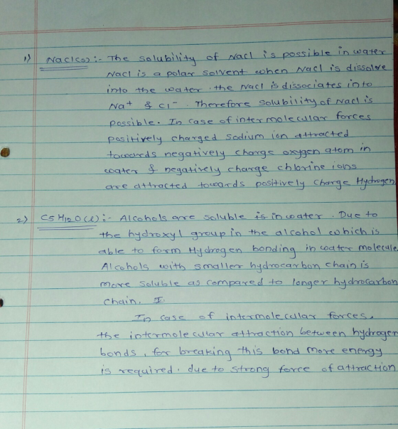 Naclssi Te Salubili of Nacl s possible in water Nact is a polar SolVent cohcn Nacl is dissalve ater the Nact is dissociates