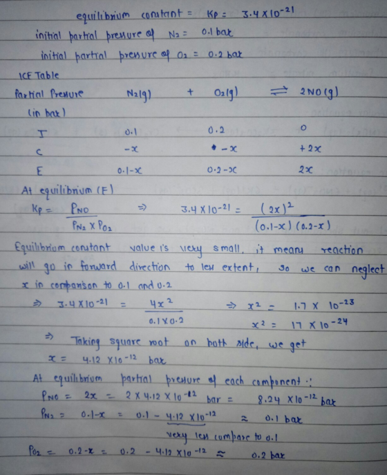 N219 2 NOC equilibrium constant = kp: 3.4 x 10-21 initial partial pressure of Na Olbar Initial partial pressure of O2 = 0.2 b