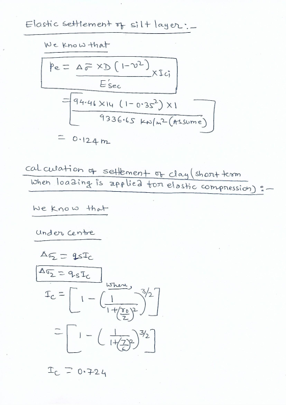 Elastic settlement of silt layer:- We know that pe = AG XD (1-72) X Ich Esec +94.46X14 (1-0.35?) x 1 933665 olm? (Assume) = 0