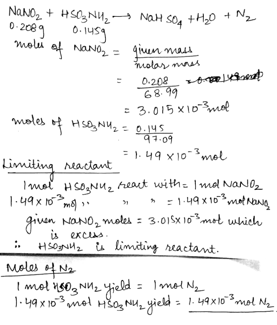 NaNO2 + HSO3 N43 — Nah soa + H2O + N2 0.2089 0.1459 moles of Nanoz = ginen mass molar mass = 0.208 vs.getyourses 68.99 23.015