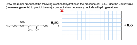 Image for Draw the major product of the following alcohol dehydration in the presence of H2SO4. Use the Zaitsev rule (no