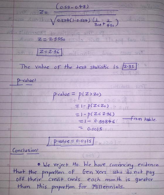 (0.59-0.48) Z- 0.5240)-0.524) Lu 3oot 450 5 adam Z=2.9550 o sind! 21 ind for wh Z=2.96 10 The value of the test statistic is
