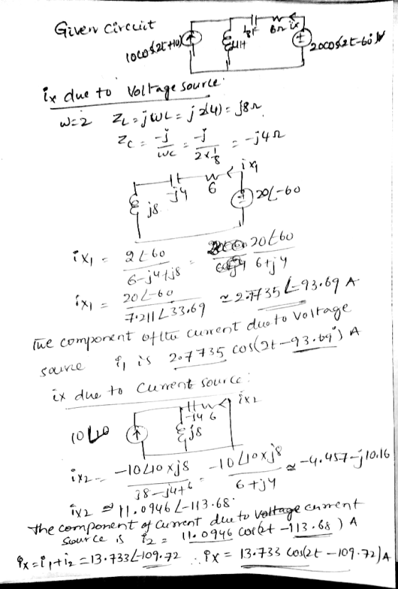 Giver circiter les sodattim ix due to Voltage source 2 علی دول = (الاز - این ت= = 20 = =-;41 I wc 2x0 un 201-60 bo X= 2460 HO