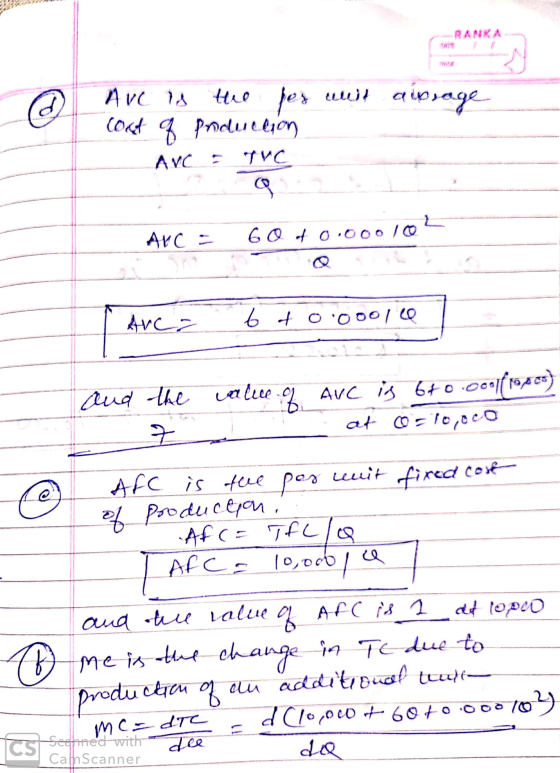 Ave is the fer whit awsage cost of production ANC = TVC Q Arc = 60 of 0.000102 Arc = 6 +0.00017 and the value.4 AVC is 670.oo