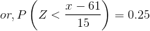 or, P\left(Z < \frac{x - 61}{15} \right ) = 0.25
