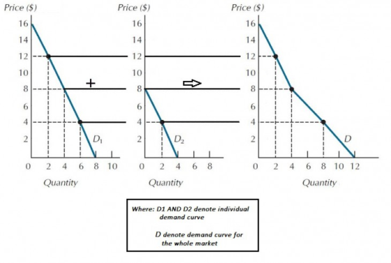 Price ($) Price ($) Price ($) 16 14 12- 10 14 12 10 8 6 4 6 トー-1 0 2 4 6 8 0 2 4 6 8 10 12 0 2 4 6 8 10 Quantity Quantity Quantity Where: D1 AND D2 denote individual demand curve D denote demand curve for the whole market