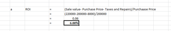 a ROI (Sale value- Purchase Price- Taxes and Repairs)/Purchaase Price (220000-200000-8000)/200000 0.06 6.00%