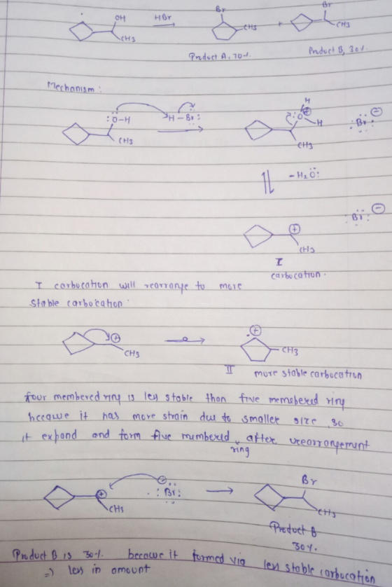 OH CH3 CH3 Mechanism : O-H Bv CH3 Stable carbocahon CH3 mute stable cathocat75η hccae it ha mxe shoin dus t smoller size So t