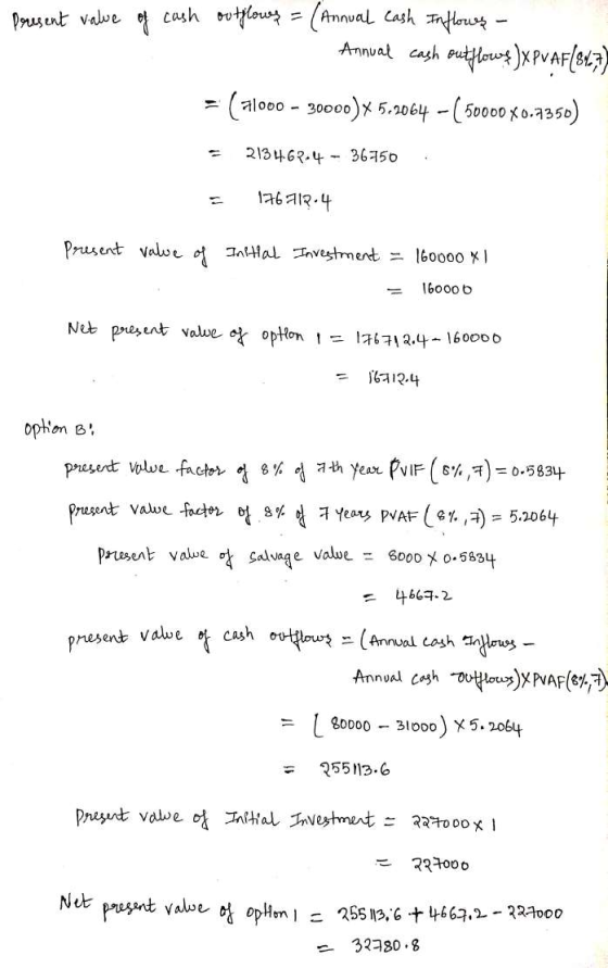 present value of cash outflows = (Annual cash Inflower - Annual cash outflows XPVAF(847) =(alooo - goooo)* 5-20+ - 50000 (0.)