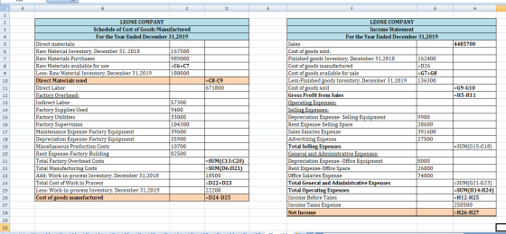 А B с D E G Н. 1 2 3 4 5 4485700 6 7 8 9 10 =C8-C9 671800 11 12 =G9-G10 =H5-H11 13 14 LEONE COMPANY Schedule of Cost of Goods