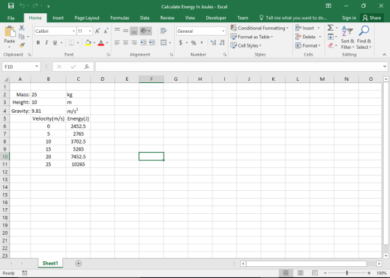 Calculate Energy In Joules - Excel File Home Insert Page Layout FormulasData Review View Developer Team Tell me what you want
