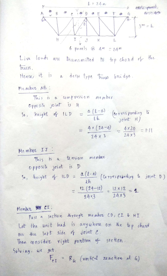24 L. 6 panels 424m Live londs anens ied to tp chord trus Henu, it i, a decu type tu bni d3a Membit A Tui ) i) a compressi on member Opposite joint iH So, height ơtLD : a (1-a to γ es fording Joint H) 24X3 = 4x (2A-A)420I 24 x 3 Me mber IJ This is a tension membet oppost Jeint isD uh 12 (24-12) 24x3 -12x12-쏘 24X3 Past a Sechon rough me mbur CD, CI HT Let the Unit ind 15 anywhere on 부he top chord ow the lert side voint c Then considert ight ponttn t section Solving e et vel unc tion e I