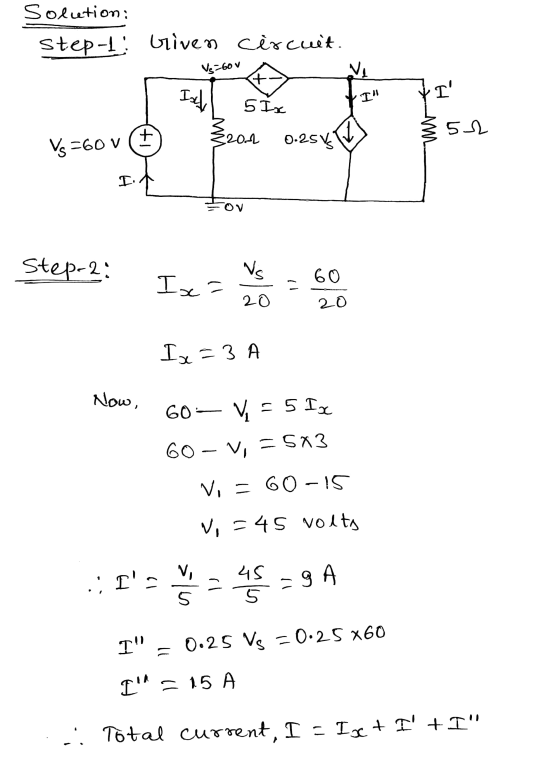 Solution: step-1: Griven circuit. Ve Ily 5 Ix + 8202 0.25% Vs60 V st I I Ž کد Vs =60 V I. Stepr2: Vs 60 Ix= 20 20 Ix-3A Now