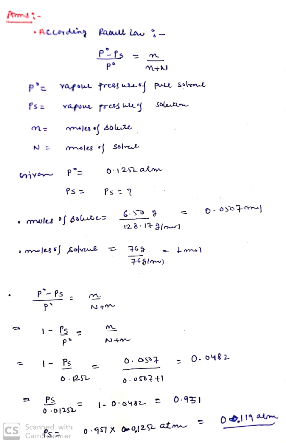m vapou fressuuof Puu selveu Ps SOluan mles out N moles Solret 6-1252 atm P° siva Ps Ps moles of 6autc 28 179/ .mlesolvue Ps