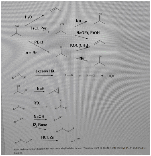 Nu H30 Nu от OH TsCl, Pyr NaOEt, EtOH PBr3 КОС(СH x Br Nu excess HX R X + H.O OH NaH RX NaOH SH 12, Base HCI, Zn Now make a