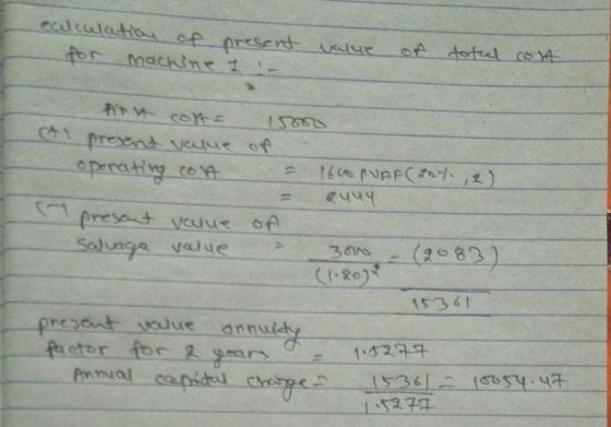 calculation of present value machine ir of totd colt Arn corta 1500 al present value of operating con 1600 PVAR(204. ,2) 2444
