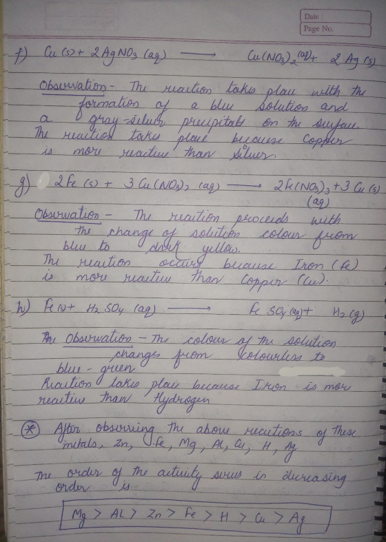 Date : Page No. 1 Cu (s) + 2 AgNO3 Cag) - Cu(NO3) at & Ag (5) - Observation - The reaction takes plau with the formation of a