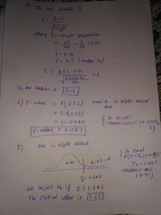 ๑) The jest stalistic (shore e= sample Proportion ー55 O 20 N. 0.55-0.50 test ニ1-0-9413 p-value 0-1567 sh excel: NORM, S, DIST