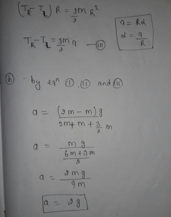 (Te) R = 3m R² TR-T 2 2ma - a = R2 12 = 2/2 @ @ uby hq . puo a= (am-m) g amt mt 3 m a = mg 6mtom D bub - wb о Ве