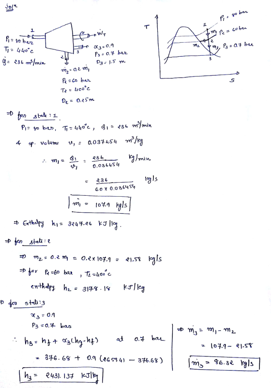 Soln Pr = so bar T 1 my Pe = cobar Pi= sobar ૨, to x3=0.9 me m₂, Pz = 0.7 bar T: 4.40°c 9 = 236 mi/min Pa = 0.7 bar 3 D3= 1.5