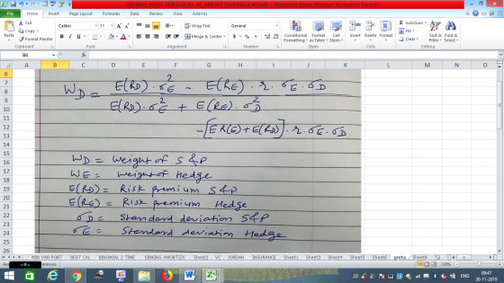 OPTIMAL RISKY PORTFOLIO VC AMORT SINKING JORDAN - Microsoft Excel (Product Activation Failed) Data Review View Add-Ins File H