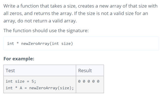 Write a function that takes a size, creates a new array of that size with all zeros, and returns the array. If the size is no