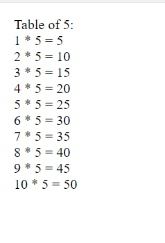 Table of 5: 1 * 5 = 5 2* 5 = 10 3*5= 15 4*5= 20 5*5= 25 6* 5 = 30 7 *5= 35 8 * 5 = 40 9 * 5 = 45 10 * 5 = 50