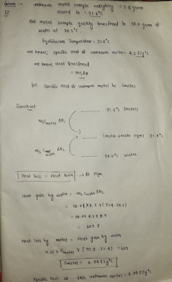Given it unknown metal sample neeighing = 9.25 gram Heated to = 97.8°C Hot metal sample quickly transferred to 50.0 gram of W