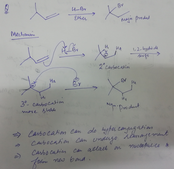 H-Bv Ether major produt Mechausn 1 H Ha 12-hydride to la suite → SM 2° carsocation 3- carbocation more stable Meyer Product =