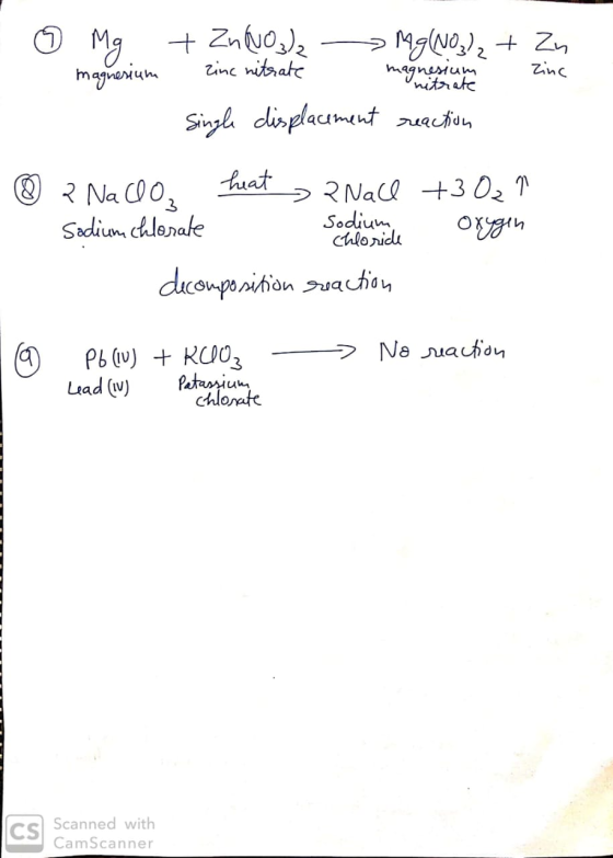 magnesium + Zn NO 3/2 Mg(NO3)2 + Zn zinc nitrate magnesium zinc Single displacement reaction htsate ® 2 NaClO heat Nall +3 Oz