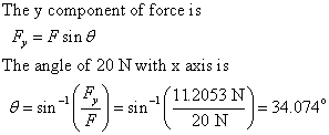The y component of force is Fy = F sin θ The angle of 20 N with x axis is θ = sin-ı | 2), sin 1112053 N Sifh = 34.074° 20 N
