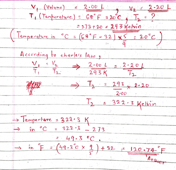 (Velume) 2.06 L 2-20 L T(Temperature) Gs F20 C 293 Kelvin (CF-321x 273 t20 Temperstire in°C to charleis law Accerding 2.00 L