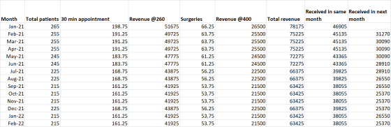 Received in same Received in next Month Total patients 30 min appointment Revenue @260 Surgeries Revenue @400 Total revenue m