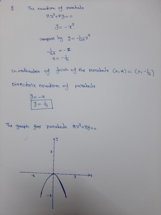 오 = -2 paraboda 8x2+8y=0 The equation of paraboda 852 +8y=0 y=-x2 compard by y = 4ax? ta a=-t co,oodinates of focus of the pa