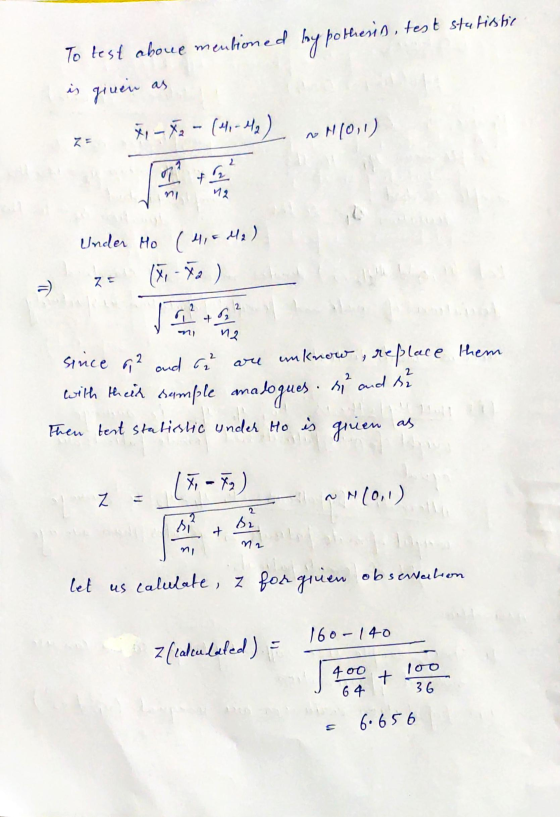 To test oboue mentioned by botherio, test statistie is given *- , - (41,-) ~1/01) 12 Under Ho (4,5 M2) =) 2= na since 2 and 6