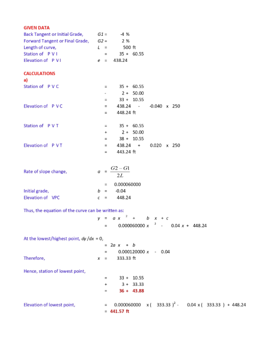 G1 = G2 = GIVEN DATA Back Tangent or Initial Grade, Forward Tangent or Final Grade, Length of curve, Station of PVT Elevation