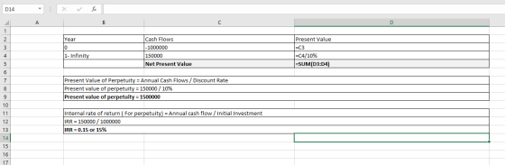 D14 X A B D 1 2 3 Year 0 1- Infinity Cash Flows - 1000000 150000 Net Present Value Present Value =C3 =C4/10% =SUM(D3:04) 4 5