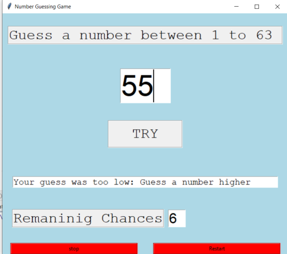 X Number Guessing Game Guess a number between 1 to 63 55 TRY Your guess was too low: Guess a number higher Remaninig Chances