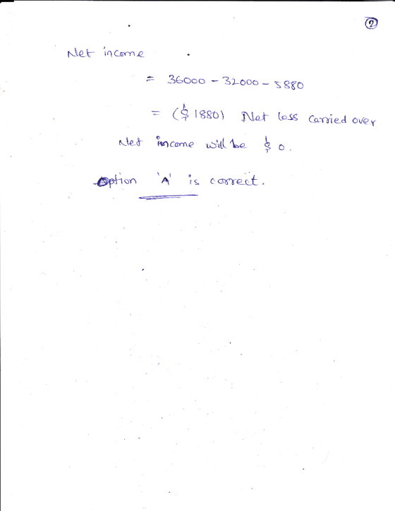 Net income = 36000 - 32000 - 5880 1) Net loss carried over led income will be so eption À is correct.