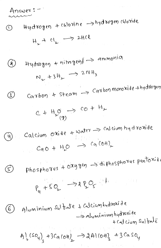 Answer: - min 0 Hydrogen t chlorine hydrogen chloride H₂ + Cl - zhce 0 Hydrogen & nitrogent ammonia Na +3H2 → 2NH3 > Carbon m