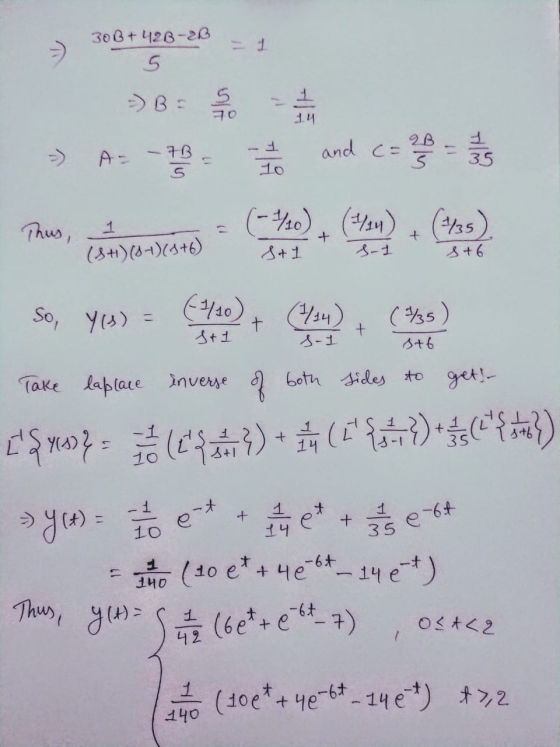 30 B+ 420-2B 5 70 14 A= -73 = -1/2 and c= 2B 3 35 Thus, (-430), (434) + (+135) 1 (SH) (87)(3+6) + St1 s-1 s+6 So, Y(s) = (1/1