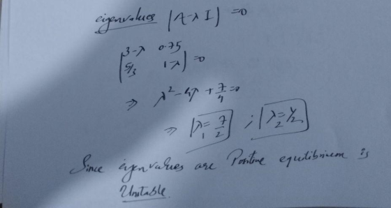 eigenvalues (A x I) =0 = 12-47 *** 17:12 eigenvalues are Positane equlibrinem is ince Unstable