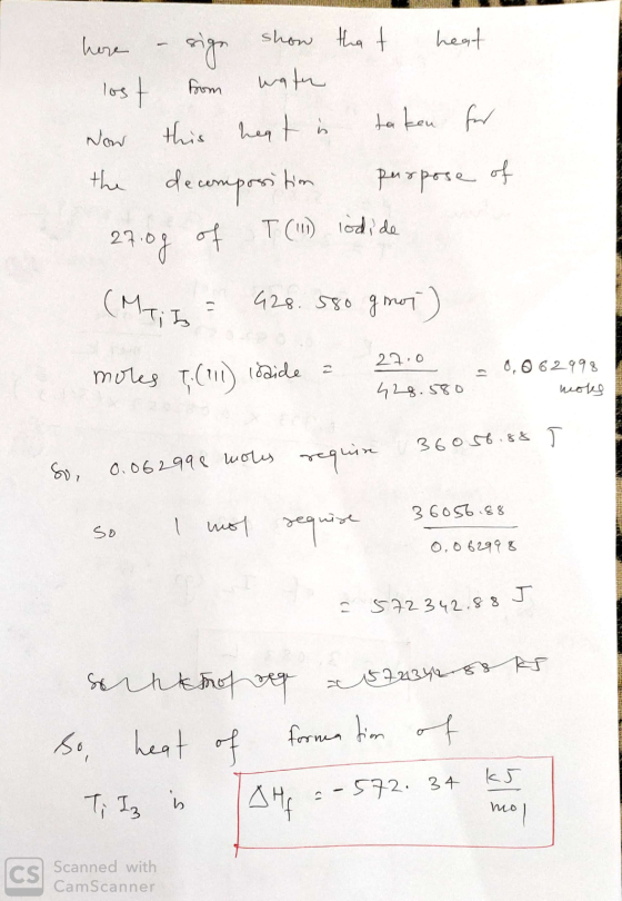 here - sige show that heat lost from water Now this heat is taken for the decomposition purpose of 27.0g of T (11) iodide (MI