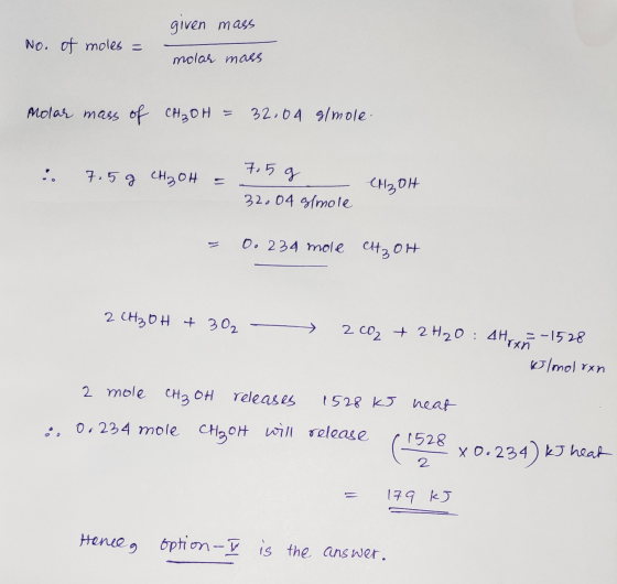 given mass No. of moles = molar mass Molar mass of CH₂OH = 32.04 g/mole. i 7.5 g CH₂OH =- 7o 5 g - 32004 almole CH₂OH = 0. 23
