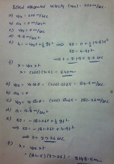 Vor 20 /sec e) 2- 50 4.9t → t = 3.192 3.2 sec 4) x= 1200) (3,2)ご640m- 2.00) d) a。9.gm) secr e) 5018 at. t= 3 , 26 sec.